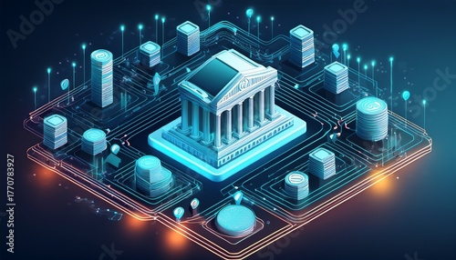 a connected digital financial ecosystem with a strong central bank distributing wealth isometric