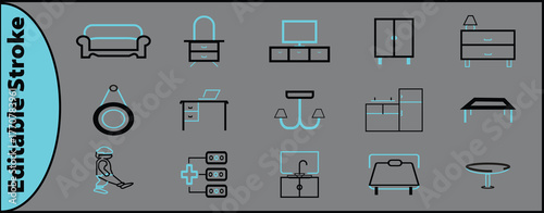 A comprehensive set of duotone line icons (black and cyan) with an editable stroke for interior design and home themes. Icons include a sofa, dressing table, TV stand, wardrobe, chest of drawers, etc.