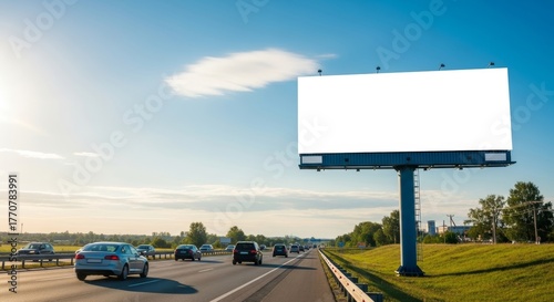 Billboards along highway showcasing advertising space with blue sky background