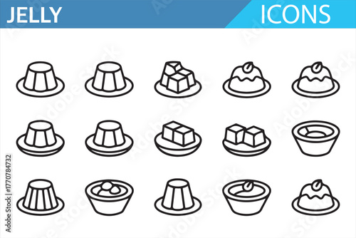 Jelly dessert line icon set – minimalist outline collection of puddings, gelatin cubes, fruit jelly bowls, and sweet treats for dessert menu design, bakery illustrations, and confectionery projects
