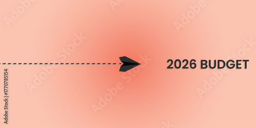 2026 budget concept vector with paper airplane flying forward on pastel background, symbolizing financial planning, business growth, investment, and economic strategy.