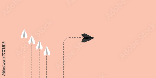 Leadership and innovation concept vector with one black paper airplane changing direction from white planes, symbolizing creativity, individuality, and forward thinking.