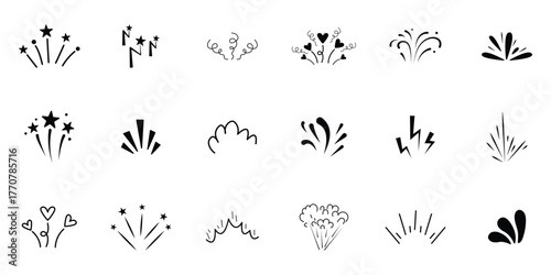 line sparkle vector set, comic style decorative lines, burst effects, and dynamic radial patterns. Hand drawn pop surprise line frame for title headline illustration. Doodle vector illustration. 