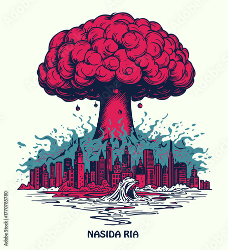 Nuclear explosion in the city. The atomic bomb, the explosion of the flaming mushroom cloud bomb, and the destruction of war. Apocalypse detonation, dangerous war vector illustration.
