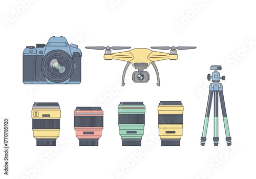 Photography Equipment Set Camera Drone Lenses and Tripod.
