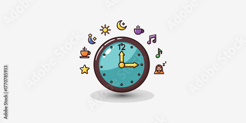 Cute cartoon clock vector with sun, moon, coffee, music, and star icons representing time, routine, lifestyle, and day-night concept in colorful flat illustration style.