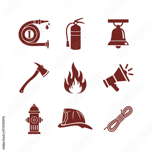 Firefighter Firefighting, Fire safety, Emergency and rescue and various type equipment icons collection set.