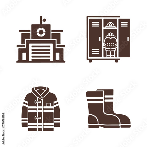Firefighter gear Fire Station Equipment Icons, Firefighter Gear, Jacket, Boots, Locker and Fire station Building icons Set.