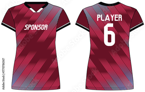 Women Sports Jersey t-shirt flat sketch design illustration with gradient Stripe pattern suitable for girls and Ladies for Volleyball jersey, Football, Soccer and netball, Sport uniform kit for sports