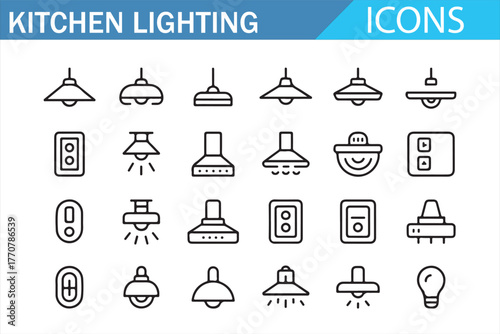 Line art kitchen lights – modern home illumination and decor vector set