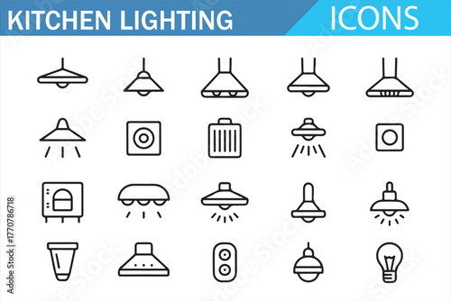 Outline kitchen lighting fixtures and electrical equipment icons pack