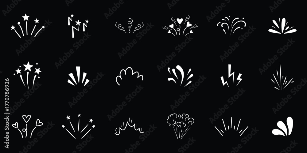 Obraz premium line sparkle vector set, comic style decorative lines, burst effects, and dynamic radial patterns. Hand drawn pop surprise line frame for title headline illustration. Doodle vector illustration. 