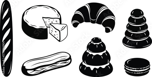 simple baguette silhouette vector -six elegant, solid black silhouettes representing iconic  foods and pastries.bakery, icon, food, bread, breakfast, meal