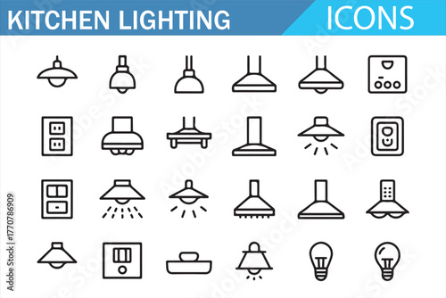 Modern minimalist kitchen lighting icon set – linear style collection of ceiling lamps, hanging lights, wall fixtures, and switches for kitchen interior design and home appliance concepts