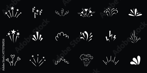 line sparkle vector set, comic style decorative lines, burst effects, and dynamic radial patterns. Hand drawn pop surprise line frame for title headline illustration. Doodle vector illustration. 