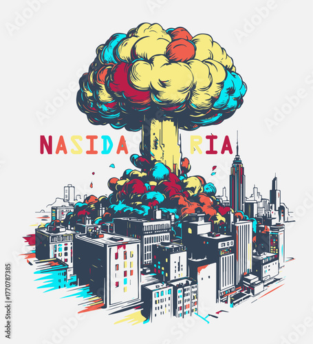 Nuclear explosion in the city. The atomic bomb, the explosion of the flaming mushroom cloud bomb, and the destruction of war. Apocalypse detonation, dangerous war vector illustration.