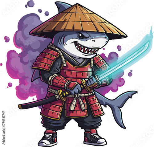 Samurai shark warrior in red armor with glowing blue katana and smoky purple background in fantasy vector illustration