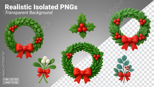 Realistic Christmas Greenery Set Wreaths Holly Mistletoe Eucalyptus with Red Bows Transparent PNG file ready to be used.
