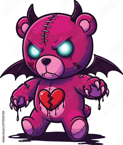 Dark pink demonic teddy bear with glowing cyan eyes, cracked heart, horns, wings and dripping paws vector illustration