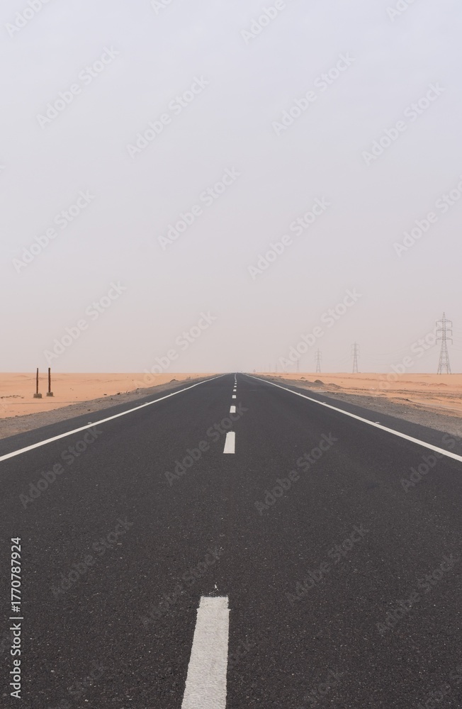 Fototapeta premium the empty asphalt road straight through a desolate desert other side is sandy and barren and high voltage power line tower march along the right side road at Egypt
