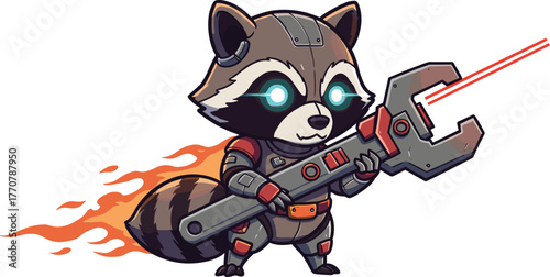 Futuristic raccoon engineer flying with jetpack and laser wrench in sci-fi armor vector character illustration design
