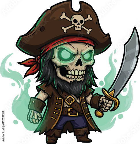 Ghost pirate skeleton with glowing eyes and sword in misty supernatural fantasy vector illustration for Halloween themes