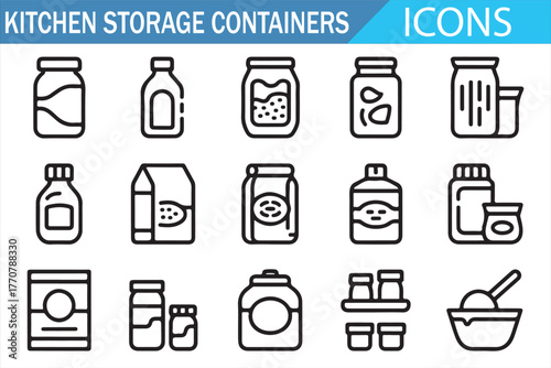 Kitchen jar and box icons — minimal line set for food storage and organization