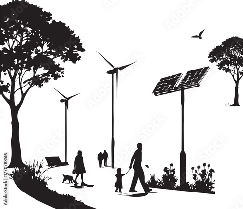 Black silhouette of people walking in a park with trees wind turbines and solar panels Keywords: park, people, walking, dog, child, family, trees, wind turbines, solar panels, renewable energy
