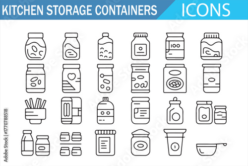 Food storage icon set — airtight jars, stackable boxes, and canisters in clean line style