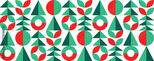 Geometric Christmas Tree Holiday Seamless Pattern. Modern Holiday Pattern with Abstract Trees and Circles. Vector illustration