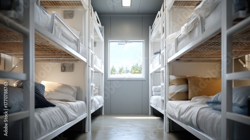 Spacious dormitory room with multiple bunk beds and bright window for natural light
