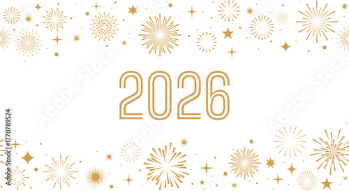 2026 fireworks background, gold New Year card border, frame