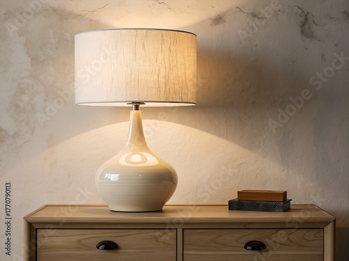 Cream ceramic table lamp with woven shade on wooden dresser