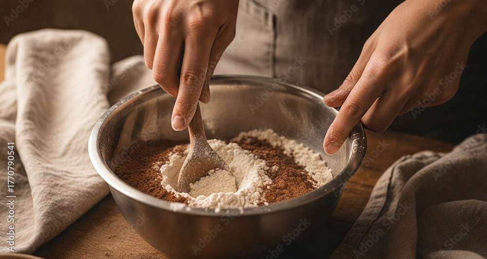 Fototapeta premium Hands Mixing Flour and Cocoa Powder in a Metal Bowl for Baking.