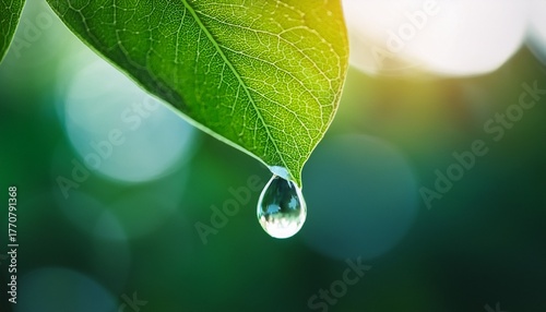 fresh water droplet hanging from a vibrant green leaf macro nature detail with bokeh background