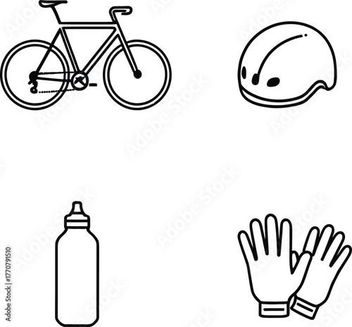 Line art showing a bicycle helmet water bottle and gloves on a white background in a square format