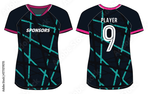 Women Sports Jersey t-shirt design Flat sketch Illustration, Grunge splatter texture V Neck t shirt for girls and Ladies Volleyball jersey, Football, badminton, Soccer and netball, Sport uniform kit