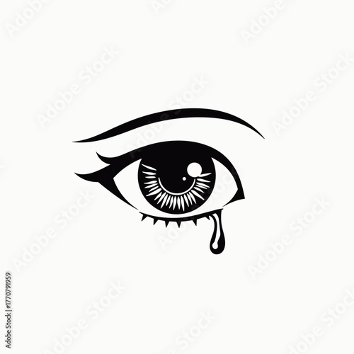 Black and white illustration of a human eye with a tear  