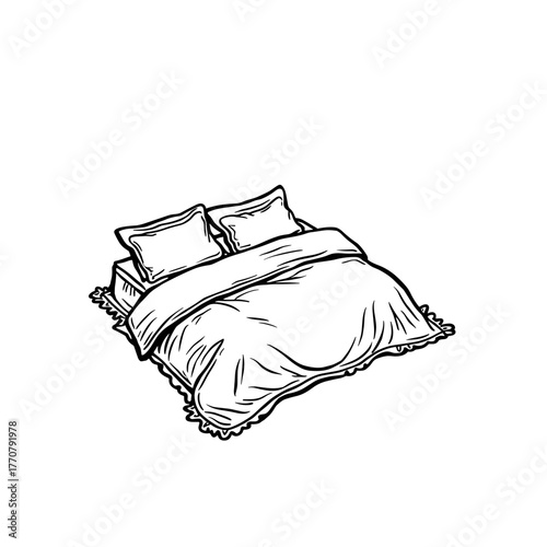 Sketch of a cozy bed with pillows and a blanket in minimalist style  