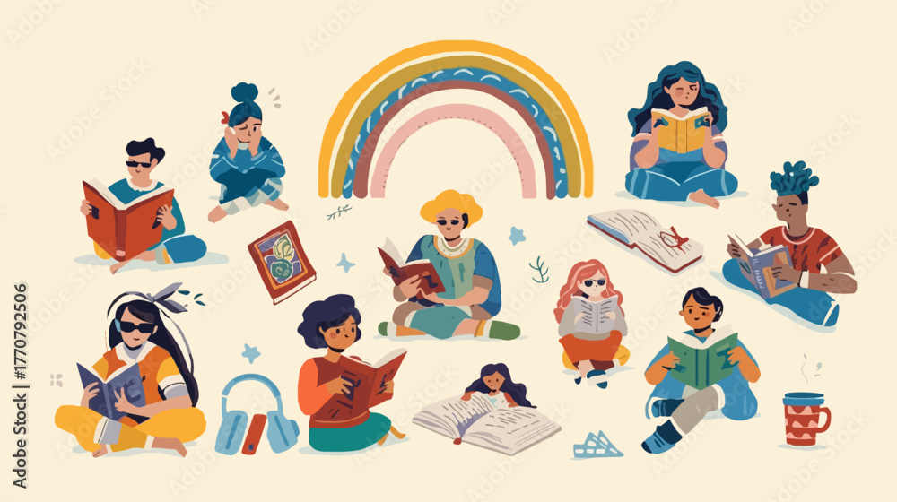 Fototapeta premium a diverse group of children and young adults engrossed in reading. They are scattered around a stylized rainbow, surrounded by books, butterflies, and small decorative elements