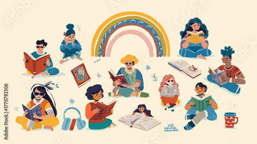 a diverse group of children and young adults engrossed in reading. They are scattered around a stylized rainbow, surrounded by books, butterflies, and small decorative elements