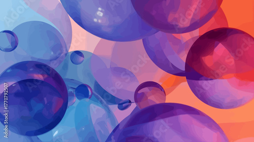 abstract digital illustration of floating spheres. They are rendered in shades of translucent blue and purple, with some exhibiting a pinkish-orange hue. The spheres vary in size.