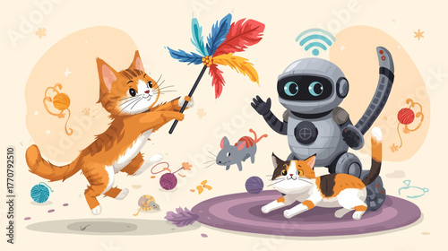 whimsical illustration depicts a playful scene with cats and a friendly robot. A ginger cat leaps to catch a colorful feather toy, while a calico cat rests on a rug with a toy mouse. A smiling robot.