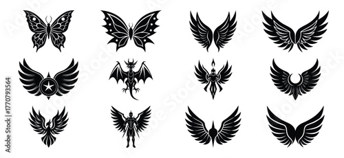 Collection of twelve intricate black wing designs including butterflies angels and phoenix motifs