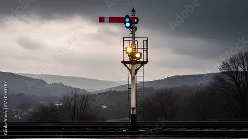 Vintage Railway Signal with Yellow Lights Under Overcast Sky