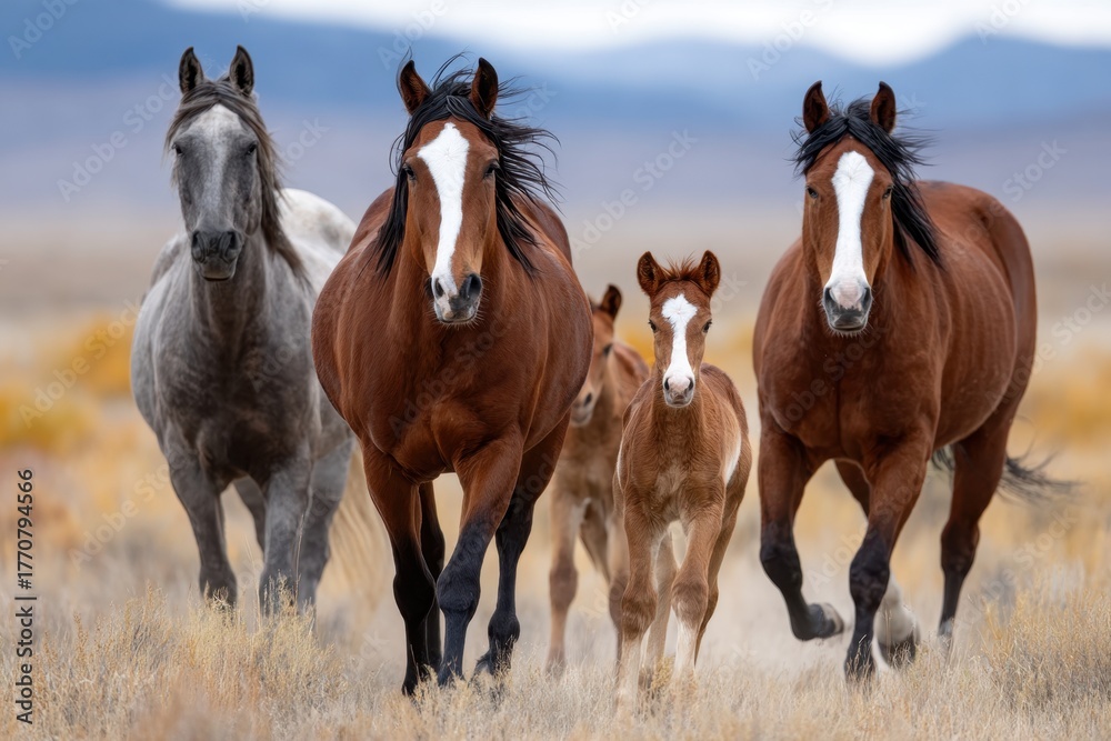 Fototapeta premium Horses running through a dry field