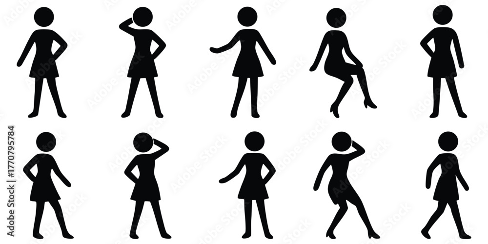 Fototapeta premium Stickman female posing silhouette collection, Elegant woman stick figure model poses, Minimal female stickman fashion illustration