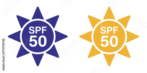 Two sun icons with SPF 50 text, one blue and one yellow.