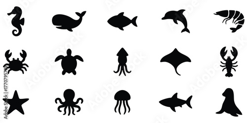 Ocean animal silhouette set, Marine creature vector collection, Minimal sea life silhouette illustration