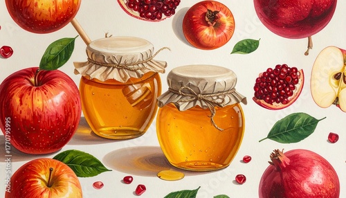 Rosh Hashanah Still Life - Honey, Apples, and Pomegranates.